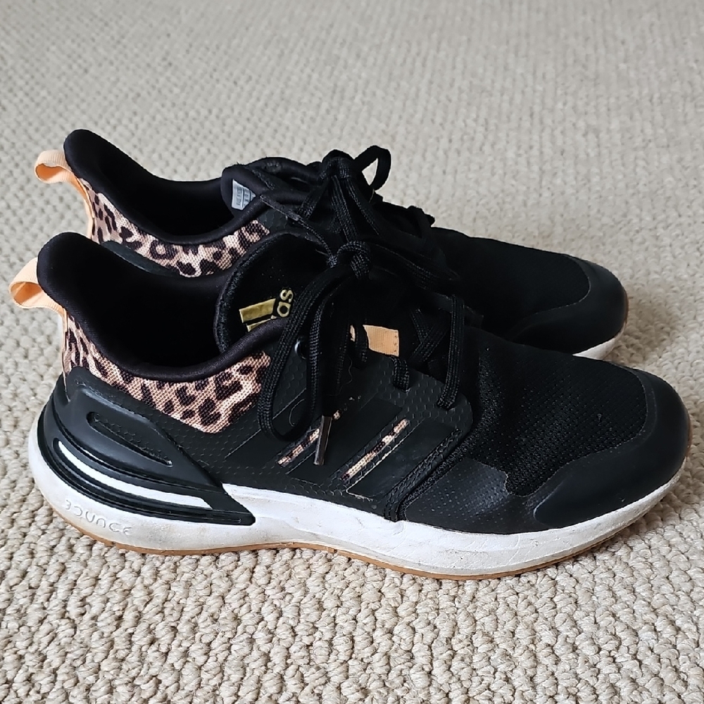 Adidas RapidaSport Bounce Black Sneakers Running Shoes Kids Size 4 Youth Leopard
